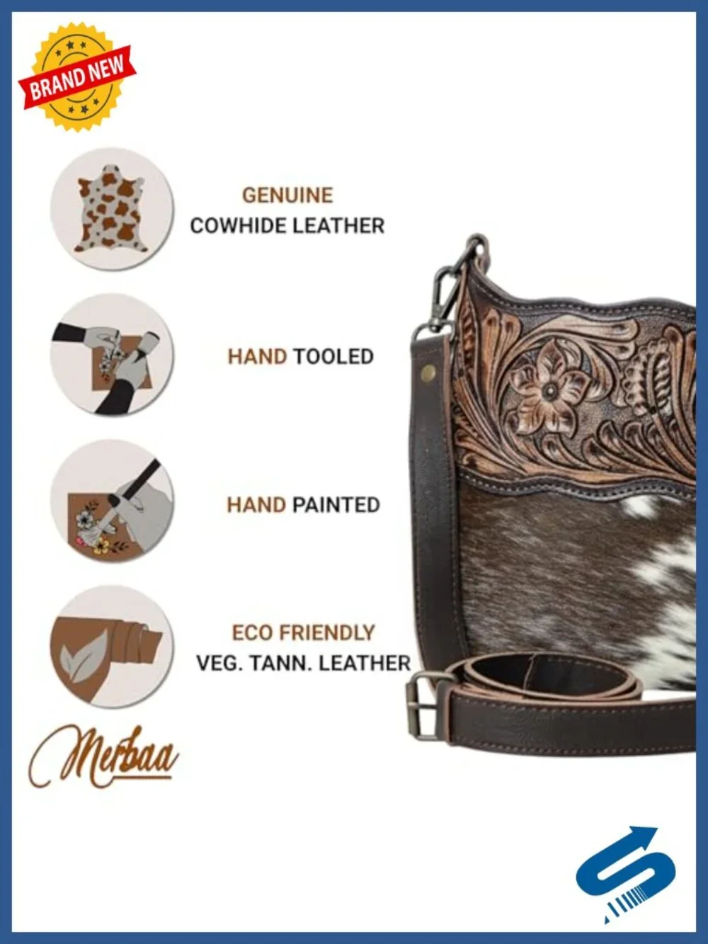 Genuine Leather Floral Tooled Crossbody Bag with Adjustable Strap